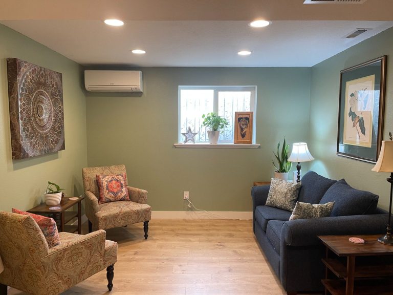 Animage of a sage-green office with two chairs and a couch in shades of blue and orange. Many plants grace the room.